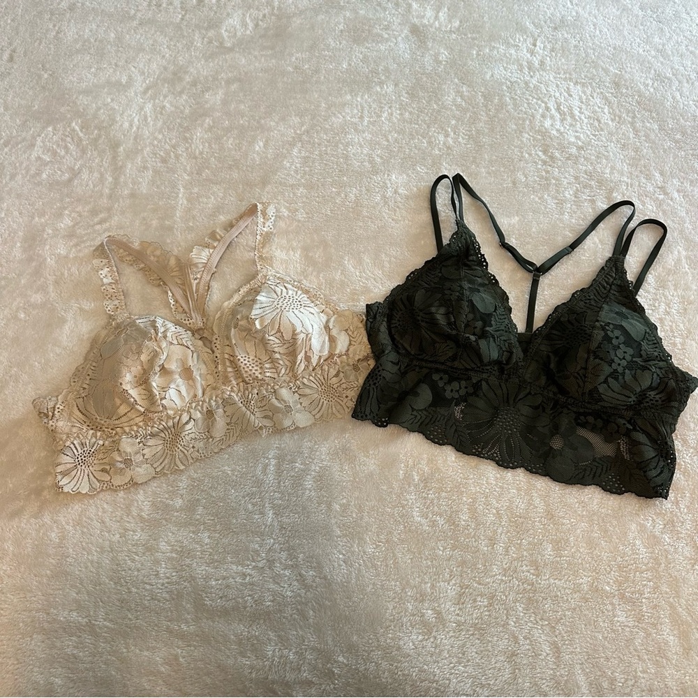 Aerie Lace Trimmed Bralette’s Bundle Lot of 2 Beige and Olive Green Large